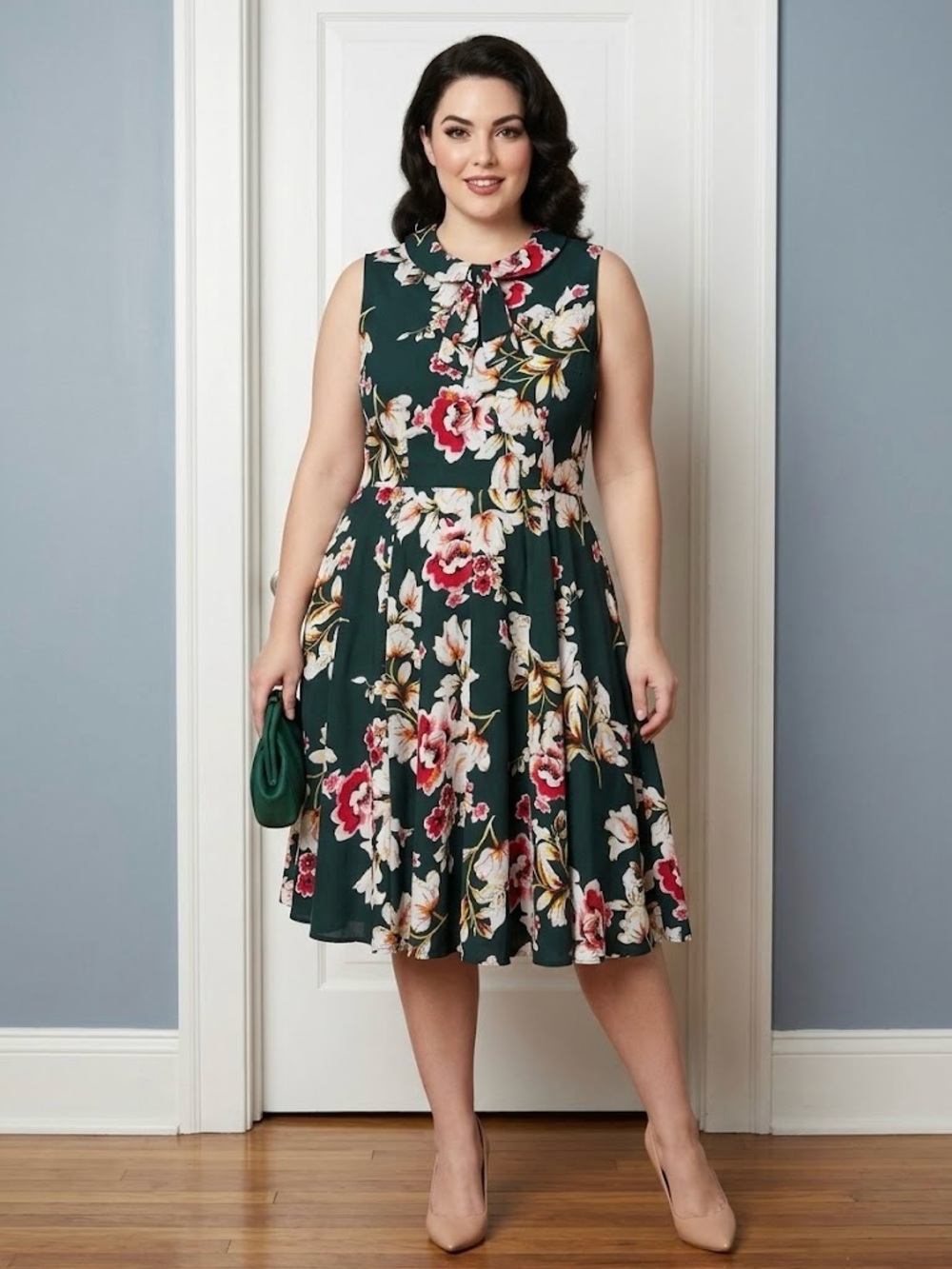Unique Vintage Floral Bow Neck Swing Skirt Dress Green Plus Size 2X / 18 Wedding